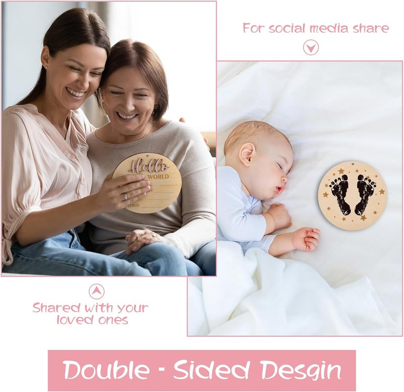 Giftacity Hello World Announcement Sign for Girl: Wooden Pink Baby Newborn Signs for Hospital with Footprint - Round Baby Birth Board for Welcome New Girl - Image 3